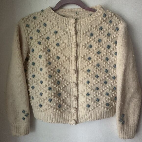 Vintage 40s 50s Wool Popcorn Knit Cardigan Sweater Cropped S Blue Floral Buttons - Picture 3 of 16